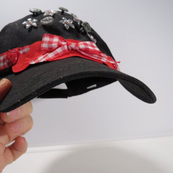 Black and red fabric baseball cap with flowers & red gingham trim Hat - Picture 7 of 10